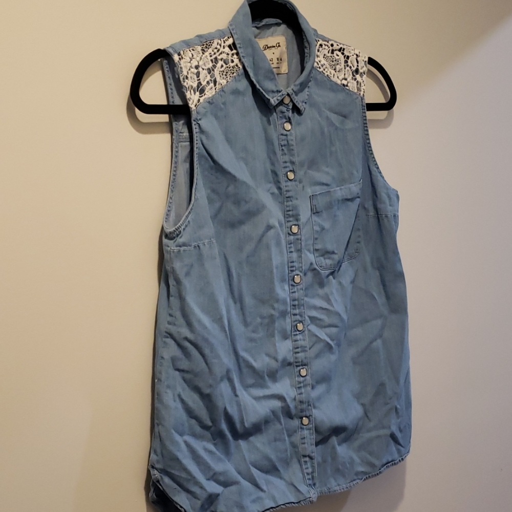 Denim Co. Tank Top with Knit on Sleeves